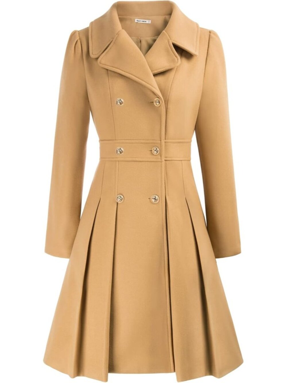 Women's Khaki Double Breasted Gold Button Notch Lapel Pleated Trench Pea Coat